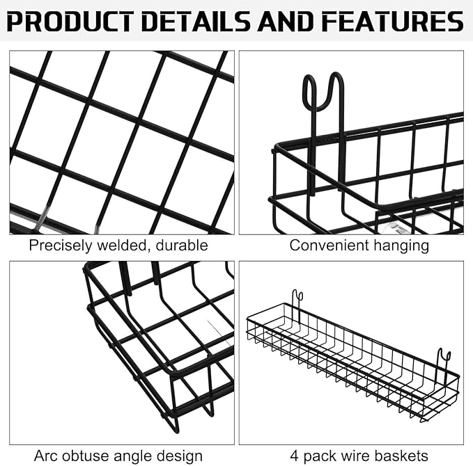 Blulu 4 Pcs 15.75 x 3.94 x 1.97 Inch Metal Grid Wall Baskets with Hooks Grid Wall Shelves Hanging Wire Basket Multi Function Storage Organizer for Kitchen Organizing Display (Black)