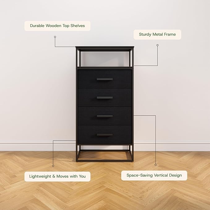 tinge Zana Premium Fabric Dresser - Strong Metal Frame, 4 Spacious Sag-Proof Drawers & Sturdy Wooden Top Shelf - Premium, Sleek & Durable Storage Solution for Your Home (Black)