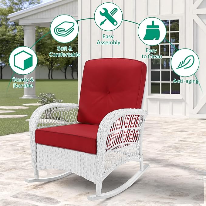 VIVIJASON Outdoor Wicker Rocking Chair, Patio Rattan Rocker Chair with Cushions & Steel Frame, All-Weather Rocking Lawn Rattan Furniture for Garden Backyard Porch (White Wicker/Red)