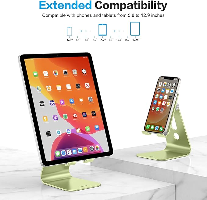 OMOTON Adjustable Tablet Stand for Desk, Upgraded Longer Arms for Greater Stability, T2 Tablet Holder with Hollow Design for Bigger Sized Phones and Tablets Such as iPad Pro/Air/Mini, Green