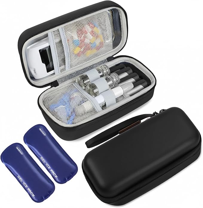 Insulin Cooler Travel Case, Portable Temperature Display Medicine Travel Cooler, Diabetes Case with 2 Reusable Ice Packs TSA Approved for Diabetic Supplies Patent Pending(Black-No Temp)