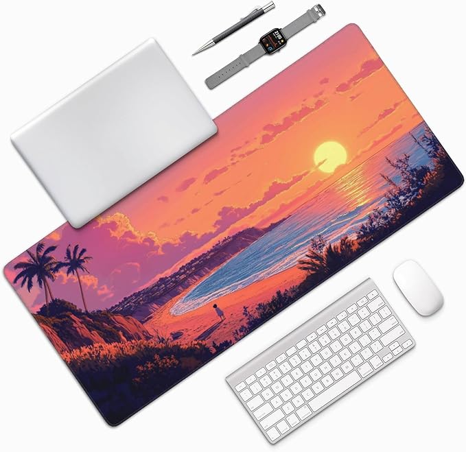 Sunset Beach Large Mouse Pad, Anime Style Gaming Desk Mat, XXL Keyboard Desk Pad Mat for Desktop, 35.4"x15.7" Non-Slip Base Big Mousepad with Stitched Edges