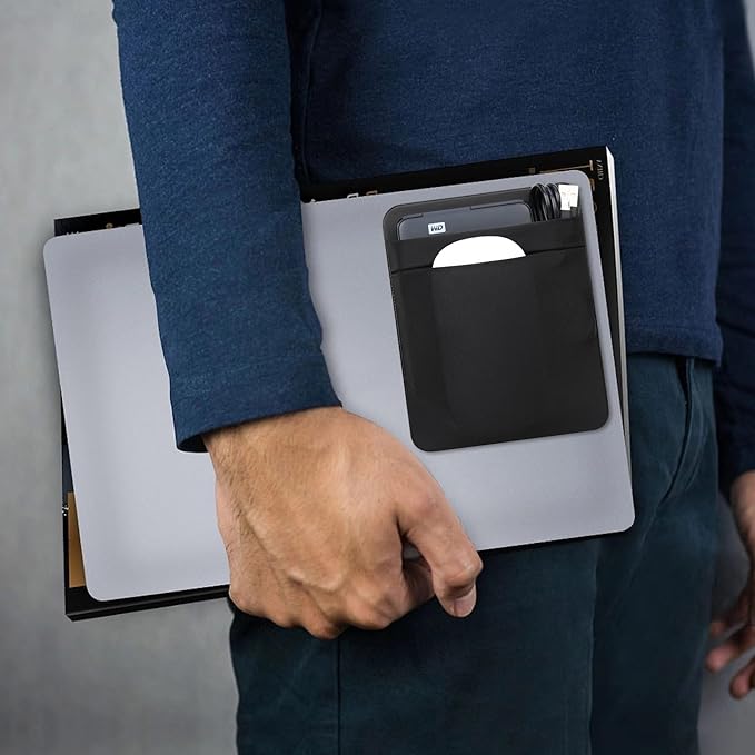 Lacdo Portable External Hard Drive Carrying Case, 2-Pocket Stick on Pouch Holder for Laptop, Fit 2.5" Seagate, WD, Toshiba External HDD, SSD, Wireless Mouse,Cable, Sleeve with Reusable Adhesive, Black