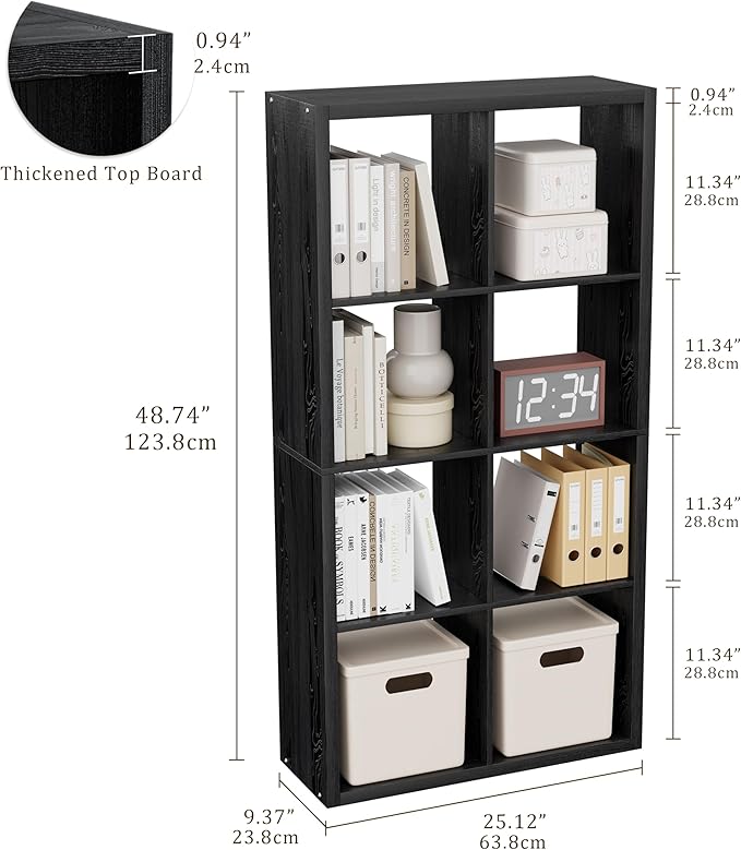 Cube Storage Organizer Bookcase, Decorative 11 inch Open Back Cubical Shelf with Thickened Border, Display Bookshelf for Living Room, Home Office, Sturdy Room (Black, 8 Cube)