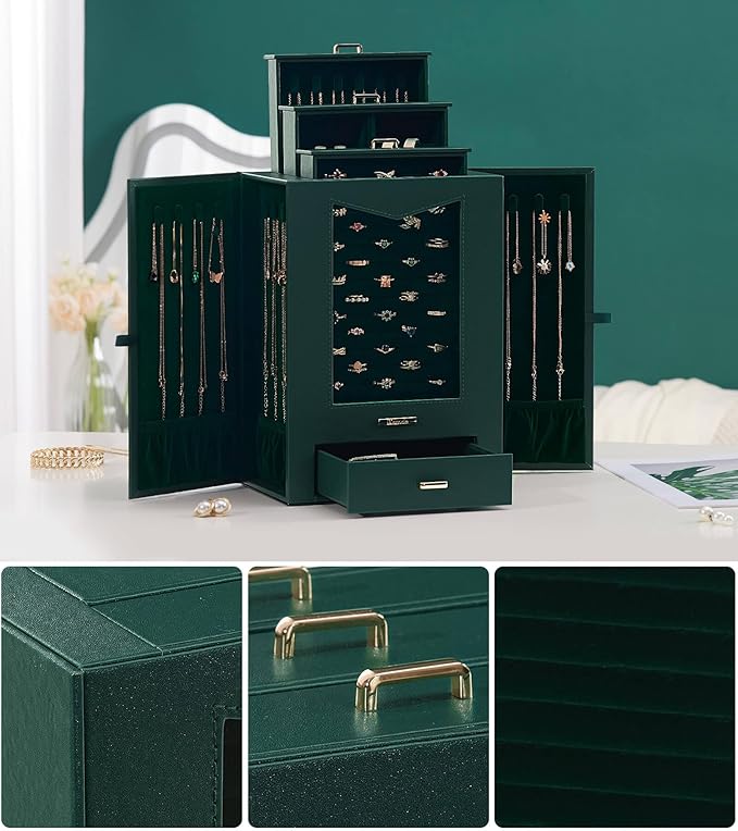 Homde Jewelry Organizer with Transparent Window Necklace Hooks Gift for Women Jewelry Box Display Case for Necklaces Rings Earrings Bracelets and Other Accessories (Forest Green)