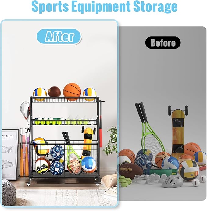 Sports Equipment Garage Organizer - Heavy Duty Garage Organization Ball Storage Rack with Basket, Hooks and Rolling Cart for Sports Gear and Toy Storage, Indoor/Outdoor Use, Black