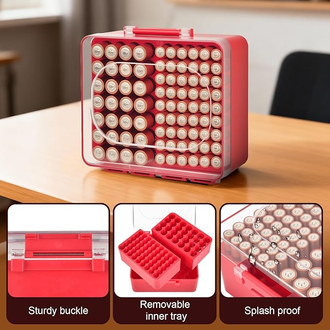 FULLCASE Battery Storage Organizer Box, Holder Container for 82 AA AAA Batteries, Plastic Home Batteries Variety Pack Protective Organization(Case Only) Red