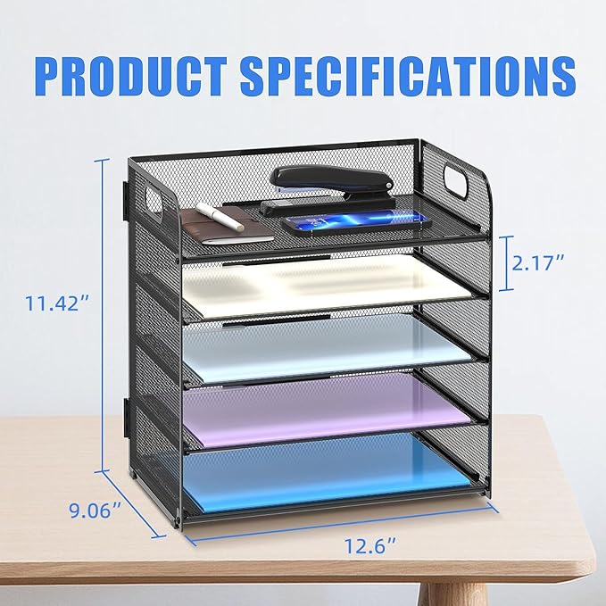 Supeasy 2 Pack 5-Tier Desk Organizer with Handle Mesh Desk File/Paper Organizer Letter Tray for Office, School and Home Easy Installation, Black