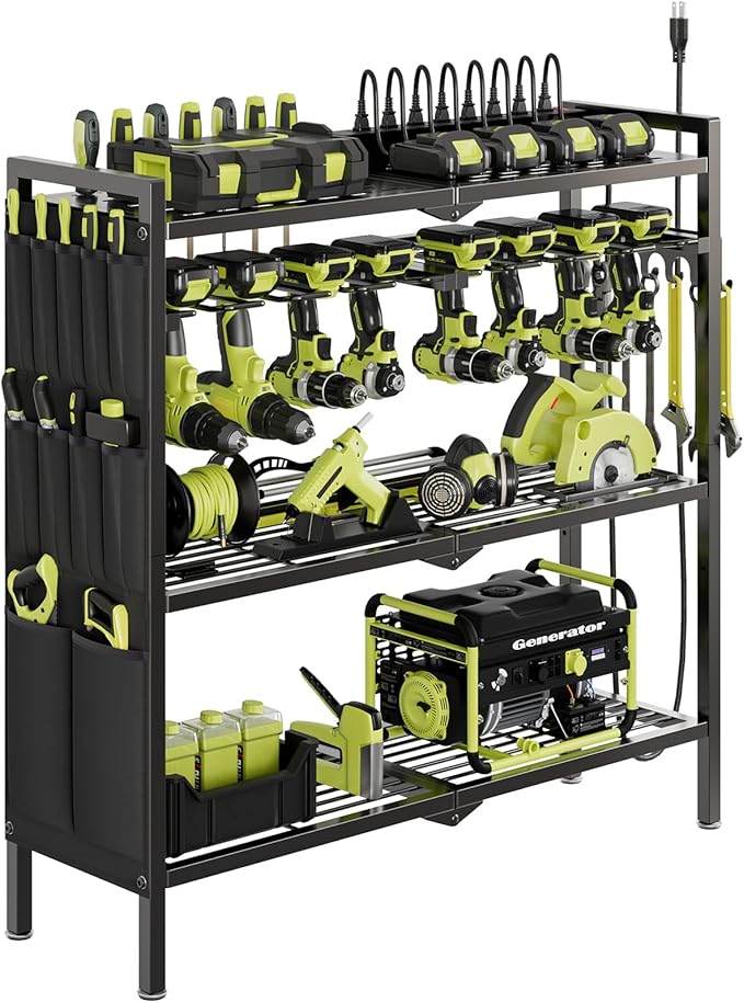 Large Power Tool Organizer Cart with Charging Station 8 Drill Holder Garage Storage Standing Heavy Duty and Stability Storage Rack Utility Tool Shelf (Black)