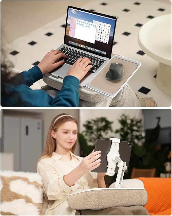 Viozon Kindle Pillow Stand Holder, Phone Holder for Bed, Laptop Lap Desk with Mouse Pad,Compatible with 4.7-13" Kindle/Tablet/Phone,10-15" Laptop, Snack Bowl&Cup Attachment&Detachable 360° Stand Arm