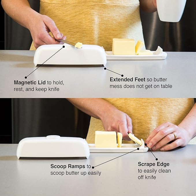 Butter Hub Extra Large Butter Dish with Lid and Knife, European Size Magnetic Butter Keeper, Easy Scoop, No Mess Lid, Plastic, Dishwasher Safe (Clear, European / 2 Sticks)