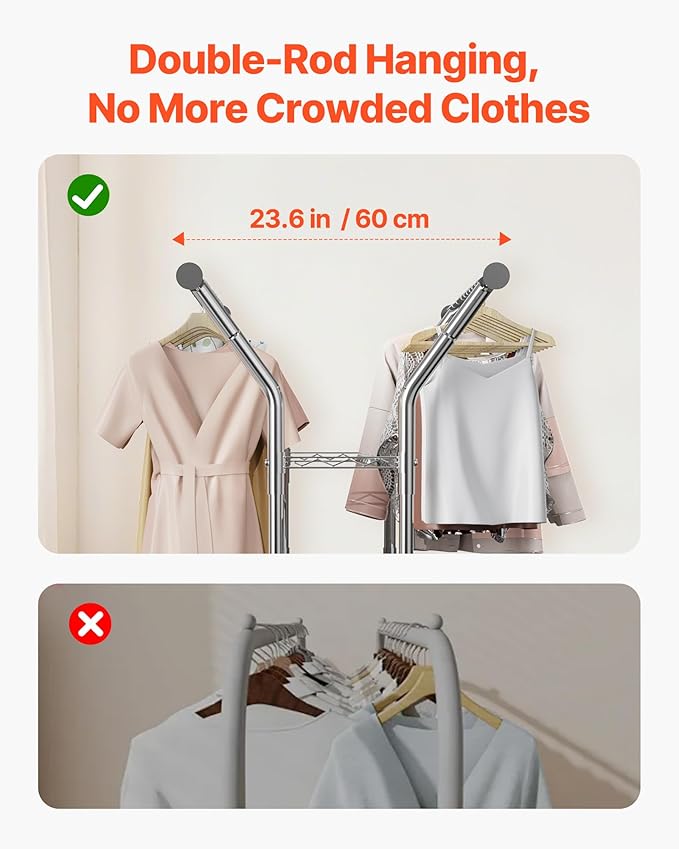 VEVOR Clothes Rack, Rolling Clothing Garment Rack, Extendable Carbon Steel Clothing Racks with Wheels for Bedroom, Laundry, Living Room