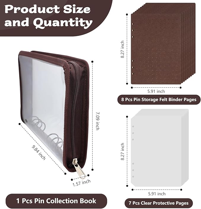 Enamel Pin Display Book Pin Collection Binder Holder Trading Book with 8-Page Display Boards A5 Brooch Pin Storage Organizer Binder Album for Travel Collectors (Dark Brown)
