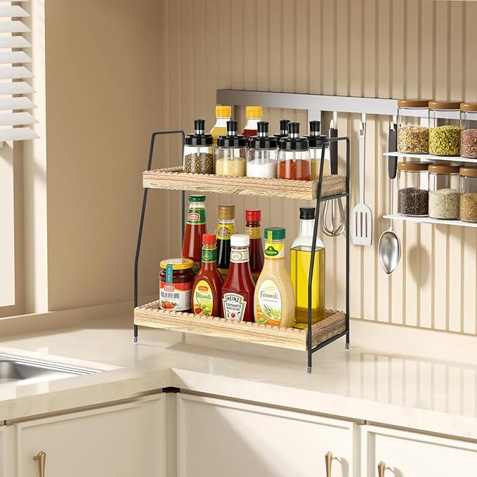 2 Tier Bathroom Countertop Organizer, Wood Bathroom Organizers and Storage, Slotted Edge Counter Shelf for Storage, Farmhouse Countertop Organizer for Bathroom, Kitchen, Coffee