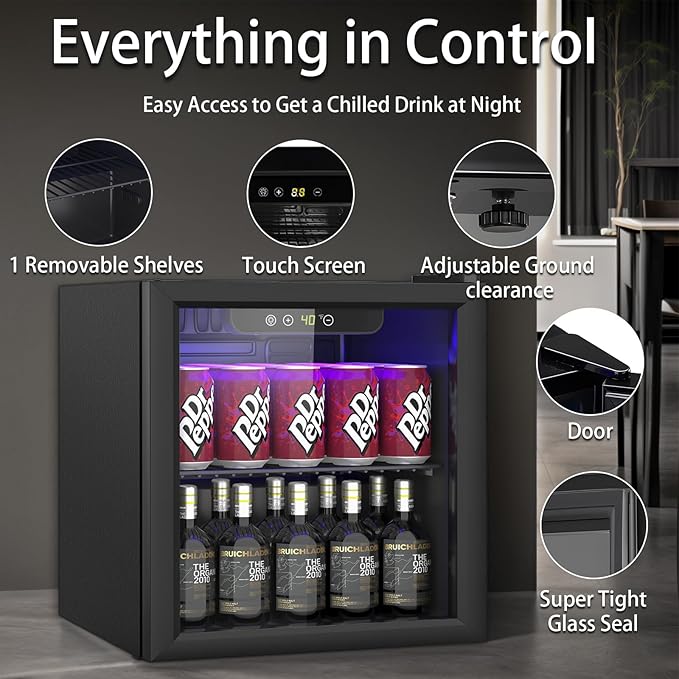 Compact 60 Can/1.3 Cu.Ft Mini Fridge For Soda, Beer Or Wine, Portable Small Beverage Refrigerator With Digital Display&Removable Shelves &Reversible Glass Front Door For Office, Dorm, Bar