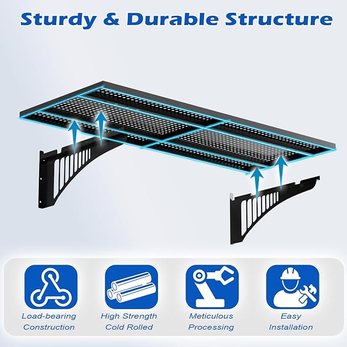 EROMMY 2-Pack 1.64x4ft Garage Shelving with 500lbs Capacity, Shelving Wall Mounted Metal Floating Storage System-Garage Shelves Heavy Duty with 6 Hooks for Basement Organization