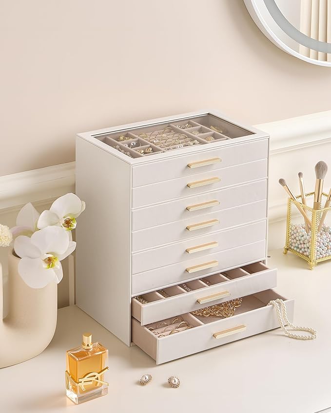 Lolalet Jewelry Box Organizer, 8-Layer Jewelry Organizers and Storage Case with Glass Lid, Ring Earring Bracelet Necklace Holder Organizer, Birthday Christmas Gifts for Women Girls -8Layer, Beige