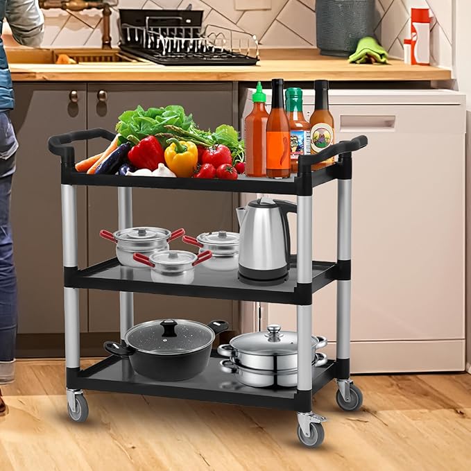 3-Tier Heavy Duty Utility Cart with Wheels, 43" Lx 21" W x 38" H, Durable Rolling Cart for Restaurant, Office, Kitchen, and Warehouse Use, Lockable 360° Swivel Casters Service Cart, Black