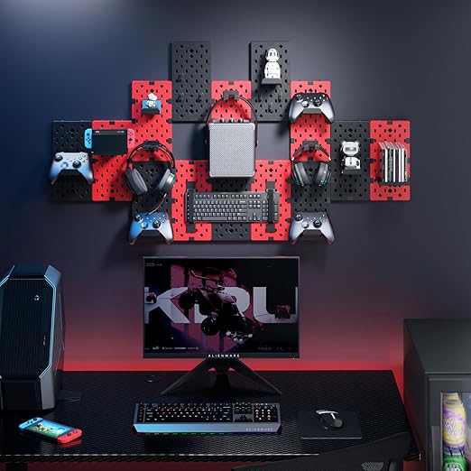 PEGZONE Controller and Headphone Holder Wall Mount, Modular Gaming Pegboard with Accessories, Controller Stand for Xbox PS5 PS4 Switch, Video Game Storage, Disc Shelf, 14pcs Pegboard, Black & Red