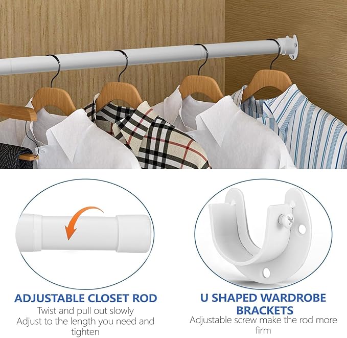 Closet Rod, 17 to 38 Inch Closet Rods for Hanging Clothes, Heavy Duty Adjustable Closet Hanging Rod Bar White Closet Poles for Wardrobes, Closet, Bathroom, Windows,1.3 Inch Diameter