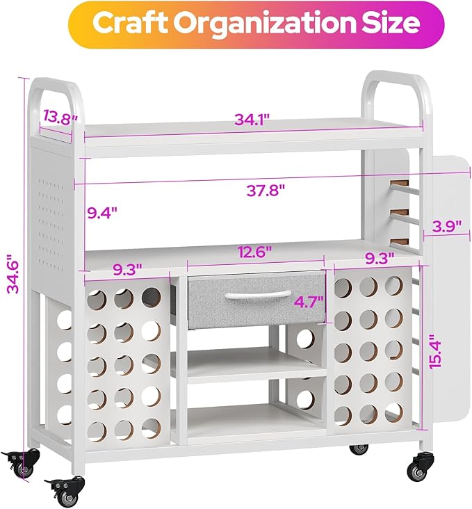 Craft Organization and Storage Cart, Large Rolling Craft Organizer Workstation with Vinyl Roll Holder & Hook up, Cutting Machine Stand Compatible for Cricut Machines, Craft Room