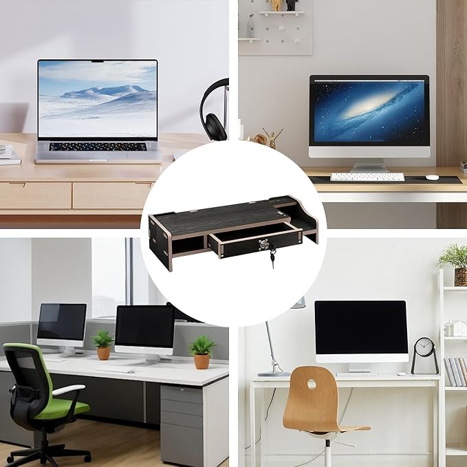 Monitor Stand Riser - Desktop Organizer with Practical Drawer, Wood Riser for Laptop Printer PC, Multi-Functional Shelf with Sturdy Build, Desk Accessory for Home Dorm Apartment, 19.21 Inch