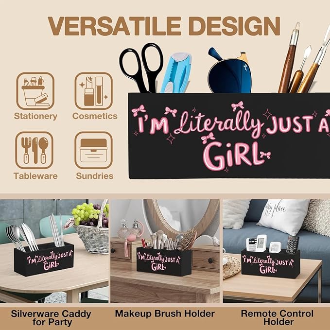 Coquette Pink Bow Pen Pencil Holder Organizer for Desk Accessories, Preppy Girly Room Decor, I'm Literally Just a Girl Wooden Box Signs Decorations for Girls Bedroom Room Dorm Desk Tabletop