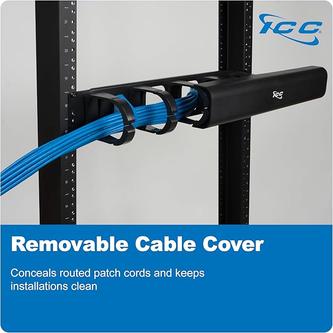 ICC 2U Ring Cable Manager Panel with Cover, Plastic with Metal Back Frame, 4" D-Rings, Horizontal Cable Management, Rackmount for 19” Network Racks, Black, 6-Pack