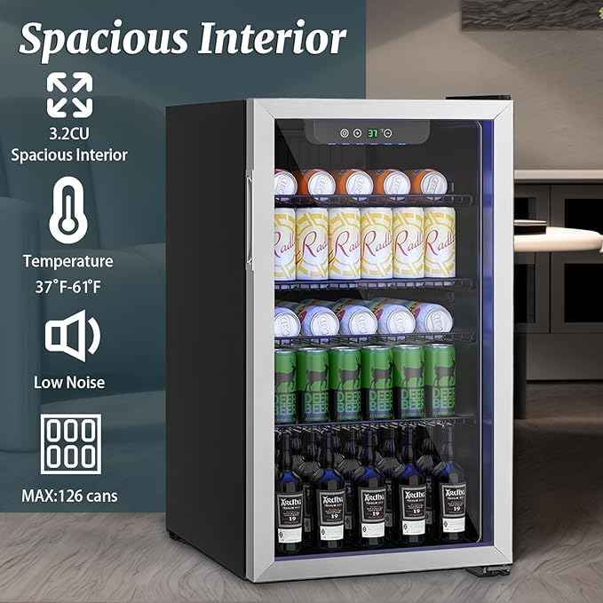126 Can Mini Fridge - 3.2 Cu.Ft Beverage Refrigerator with Reversible Glass Door for Soda Wine Beer, Adjustable Temperature Control for Home Office Bar, Silvery(40-61 ℉)