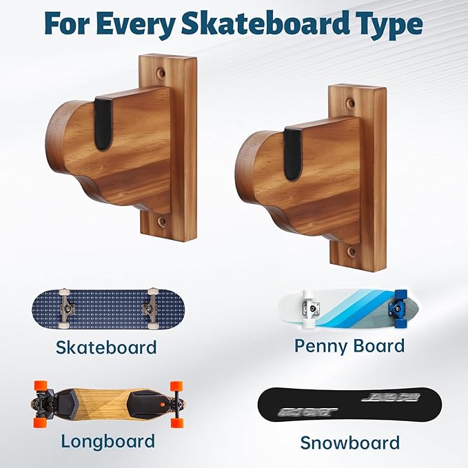 Skateboard Wall Mount, Wooden Horizontal Skateboard Rack Wall Hanger Display and Storage