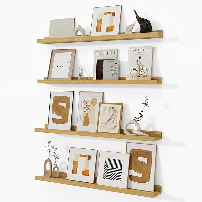 Fun Memories Picture Ledge Shelf, Floating Shelves Set of 4, 32 Inch Picture Shelves for Wall with Ledge, Large Nursery Book Shelf for Toys Storage, Living Room, Bedroom Decor Frames, Oak