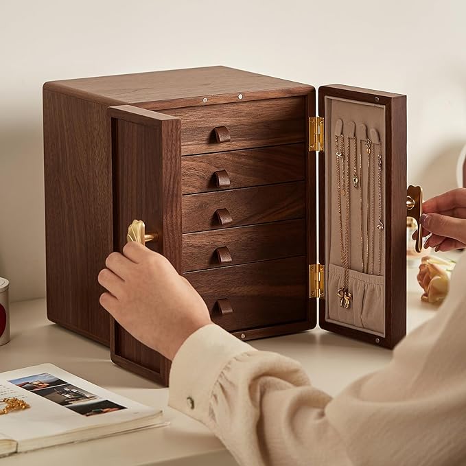 CHOSIN Black Walnut Wooden Jewelry Box 5 Layer Large Wood Jewelry Organizer Brass Handle for Necklaces Rings Earrings Watches Storage Christmas Gifts(7.9x8.7x10.0inches)