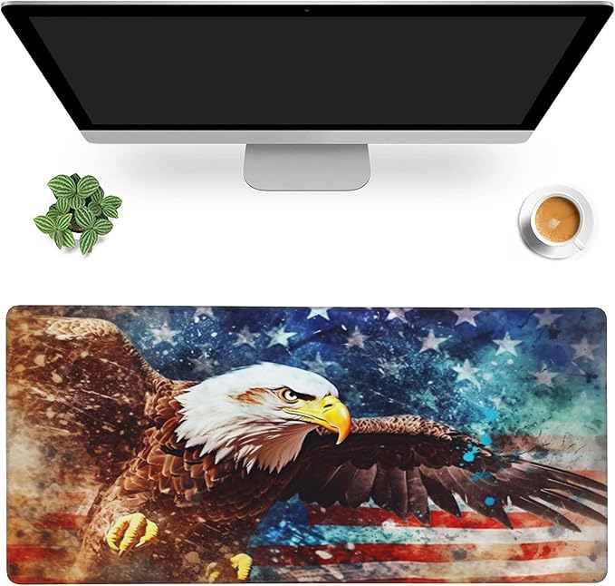 Gaming Mouse Mat Watercolor Bald Eagle Over American Flag Large Mouse Pad Extended Mouse Pad Desk Mat Non-Slip Rubber Base Mice Pad Desk Pad for Office Game Home 35.4x15.75 in