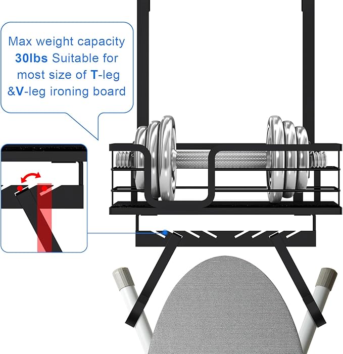 TJ.MOREE Over The Door/Wall Mount Ironing Board Hanger, Laundry Room Iron and Ironing Board Caddy Storage for Water Mister, Fabric Sprays, Laundry Detergent