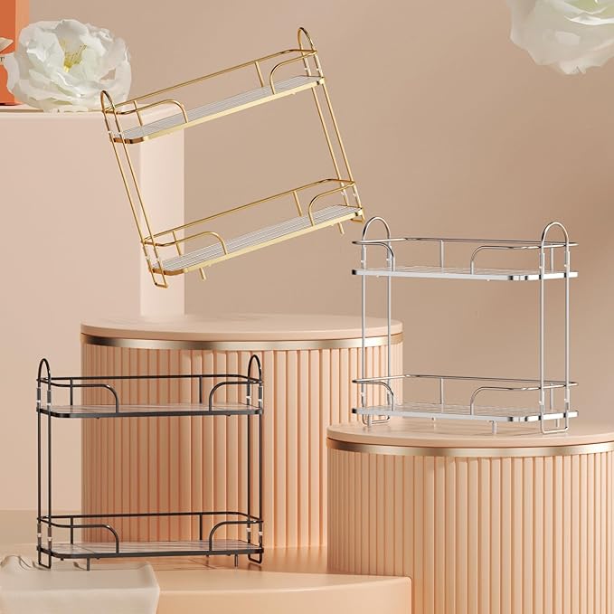 Seoneiro 2 Tier Corner Bathroom Counter Organizer, Cosmetic Skincare ，Bathroom Countertop Perfume Tray Vanity, Kitchen Spice Corner Storage Shelf