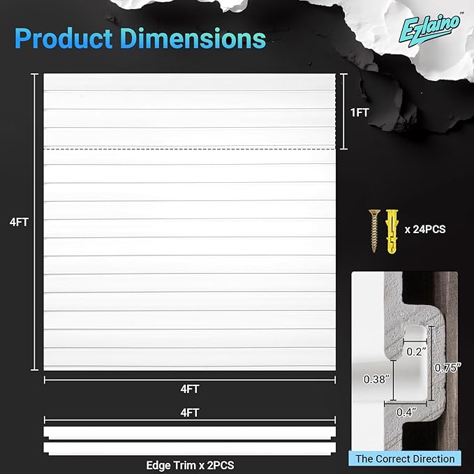 Ezlaino Slatwall Panel 4FT x 4FT, PVC Slat Wall Storage System, Waterproof, Durable& Easy to Install, Compatible with Most Hooks, Ideal for Garage Storage & Home Decoration, White