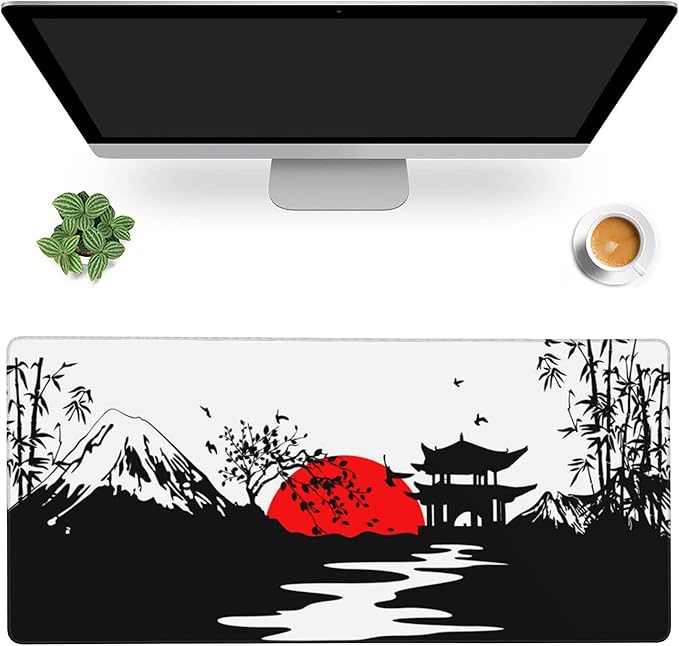 Desk Mat,Japanese Landscapes with Mountains Gaming Mouse Pad,XXL Extended Mouse Pad Mat for Office,Computer,Keyboard with Non-Slip Base Stitched Eges Mousepad 35.4x15.75 inch