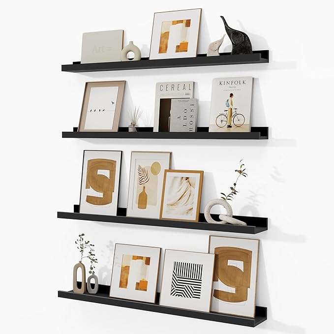 Fun Memories Picture Ledge Shelf, Black Floating Shelves Set of 4, 32 Inch Picture Shelves for Wall with Ledge, Large Nursery Book Shelf for Toys Storage, Living Room, Bedroom Decor Frames