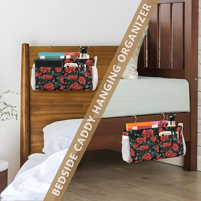 Poppy Butterfly Leaf Bedside Caddy for Dorm Bed Bedside Hanging Caddy Bag Iron Frame Storage Organizer Pocket for Bunk Home College Hospital Beds 2 Hooks