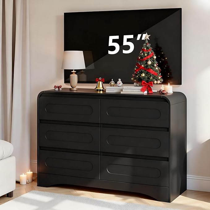 Black Dresser, Modern 6 Drawers Dressers & Chest of Drawers with Pre-installed Slide&Curved Profile Design, 47" Wide Wood Closet Clothes Storage Dressers Organizer for Bedroom Living Room Hallway