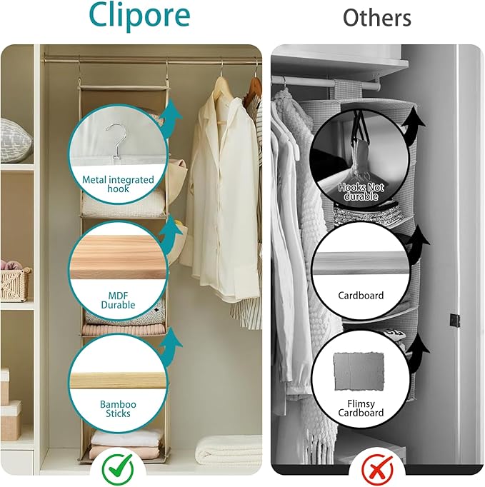 Hanging Closet Organizer 6-Shelf, Beige Storage Solution with Side Pockets for Clothes, Shoes, and Accessories, Closet Organizers and Storage, Send Goods from Local Warehouse