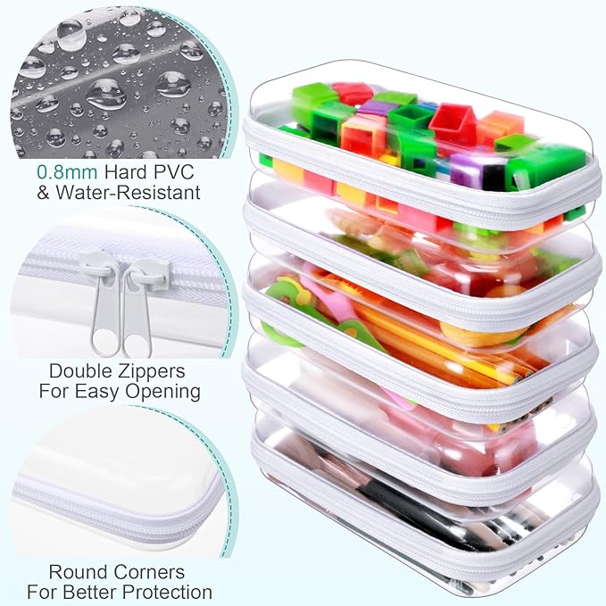 Sanwuta 6 Pcs Clear Hard Zipper Case Hard Plastic Zipper Pouches Transparent Makeup Bag Pencil Pouches for Travel Snacks Christmas Trinket Storage Organizer Box(White,7.48 x 3.94 x 2 Inch)