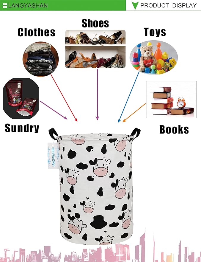 LANGYASHAN Storage Bin, Canvas Fabric Collapsible Organizer Basket for Laundry Hamper,Toy Bins,Gift Baskets, Bedroom, Clothes,Baby Nursery (Spotted Cow)