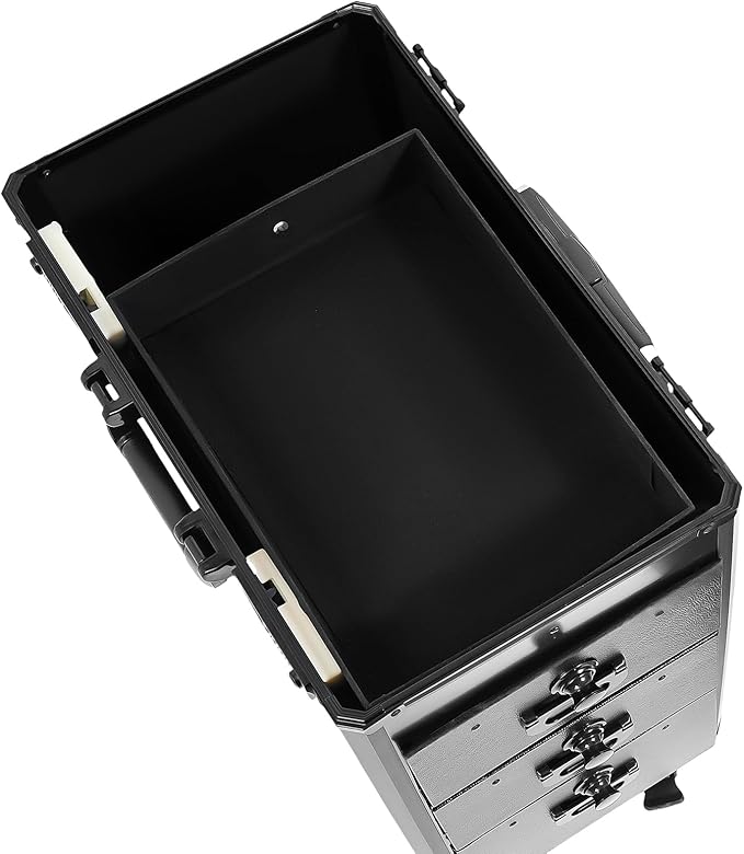 Rolling Makeup Train Case, Professional Cosmetology Case on Wheels, Large Makeup Organizers for Nail Technicians, Estheticians, Embroiderers, Combination Lock Design (Black)