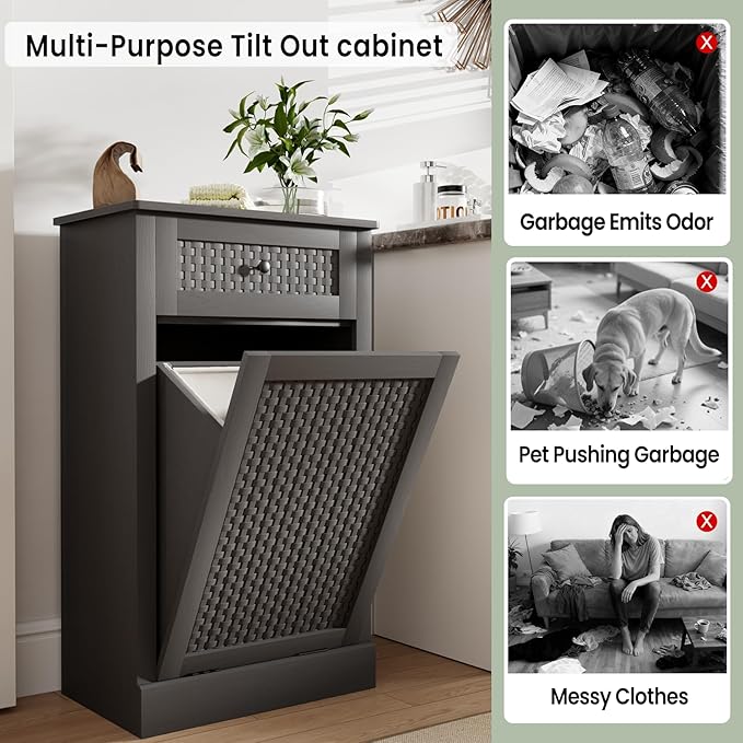 Double Tilt Out Laundry Hamper Cabinet,10 Gallon Laundry Cabinet with Drawers ＆ 2 Hidden Baskets, Farmhouse Storage Basket for Laundry Room, Bathroom, Kitchen, Gray