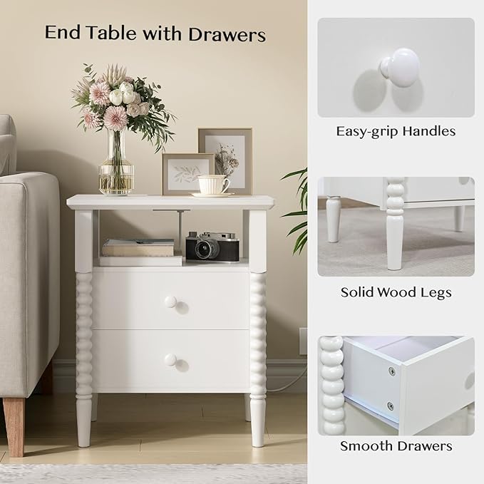 White Nightstand, Vintage Night Stand with Charging Station, Modern Bedside Table with Drawers, End Table with Solid Wood Legs, Bed Side Tables for Bedroom, White