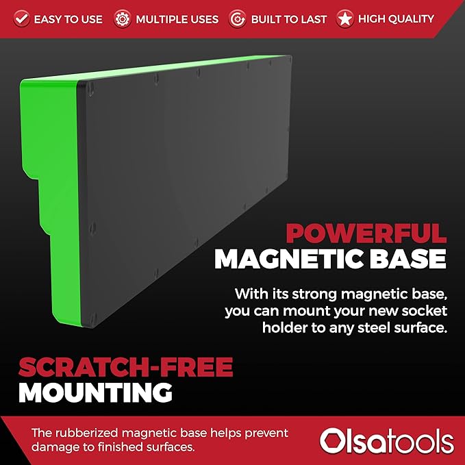 Olsa Tools Magnetic Socket Organizer - 1/2-Inch Drive, 3 Row - Holds 45 Sockets - SAE Green, Professional Grade - Part: 1549