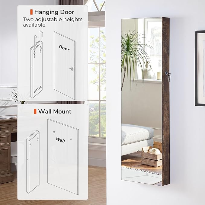 GISSAR Full Length Mirror Jewelry Cabinet, 6 LEDs Jewelry Armoire Wall Mounted Over The Door Hanging, Jewelry Organizer Storage with Lights Lockable, Vintage Brown, 14.6" x 47.2"