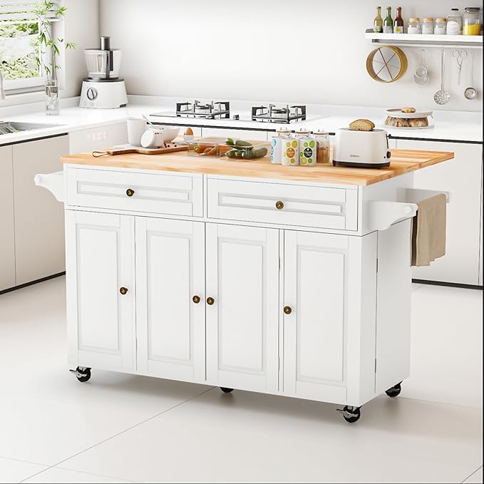 59’’ Rolling Kitchen Island Cart with Drop Leaf and Power Outlet, Movable Kitchen Islands with 3-Tier Door Storage Shelf, Island Table on Wheels, 2 Large Drawers, Towel Racks, White
