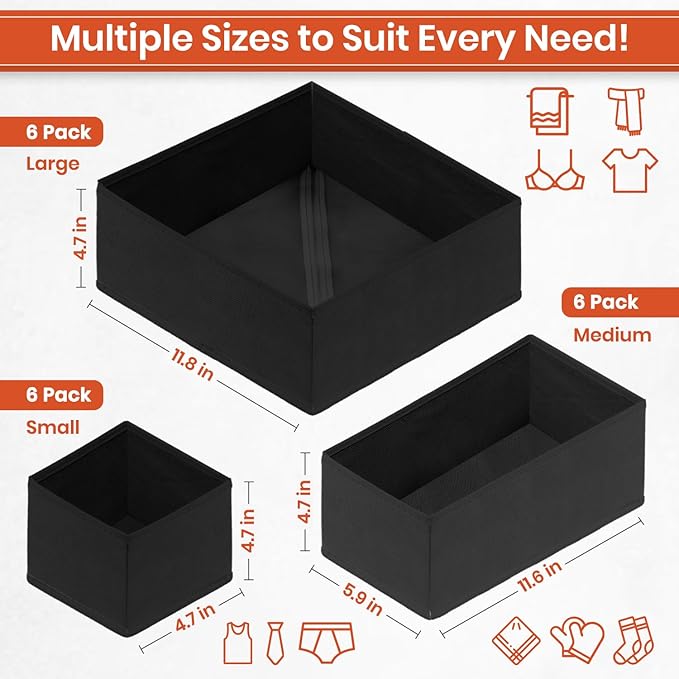 RFAQK 18 Pack Drawer Organizer Clothes-3 Sizes (L, M, S) Baby Dresser Organizer for Storage Closet-Foldable Fabric Baby Clothes Organizer for Bedroom, Bins, Bra, Socks, Belt, Tie-Black